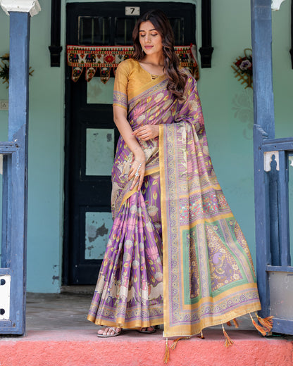 Kalamkari Digital Printed Linen Cotton Saree
