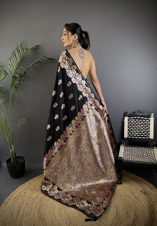 Black Premium Banarasi Silk Saree With Meenakari Zari Weaving Work