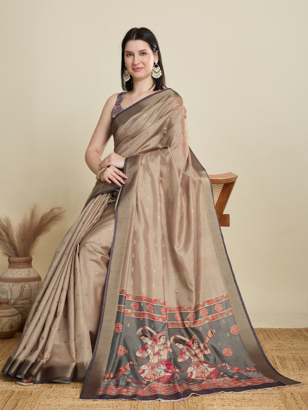 Beige Soft Cotton Saree With Kalamkari Digital Printed Pallu & Zari Border