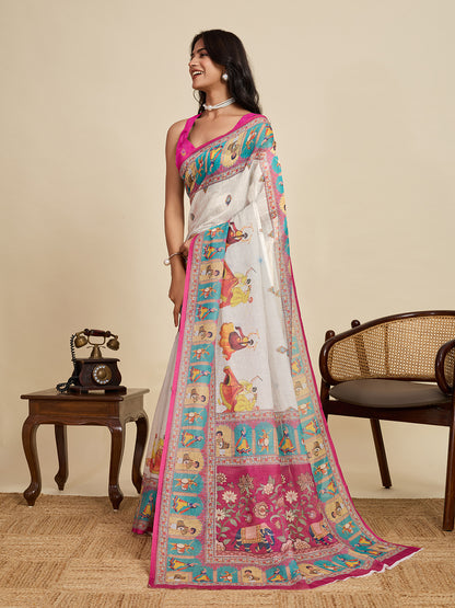 Off White Linen Cotton Saree With Digital Printed Work And Silver Zari Border