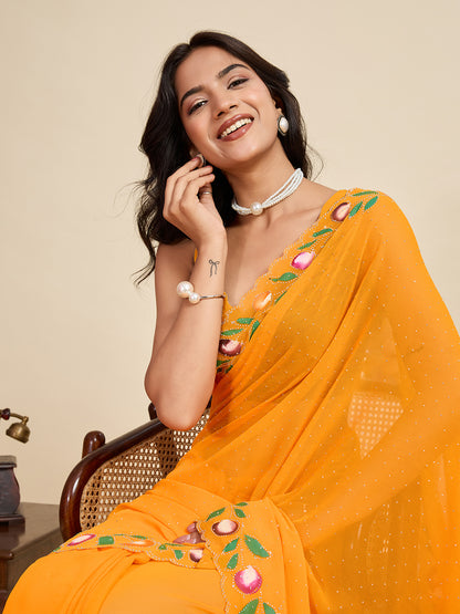 Yellow Color Georgette Saree With Brush Print And Siroski Work
