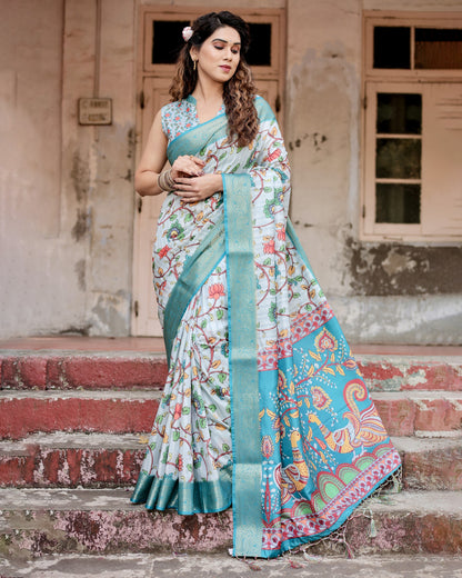Sky Blue Kalamkari Digital Printed Dola Silk Saree With Gold Zari Border