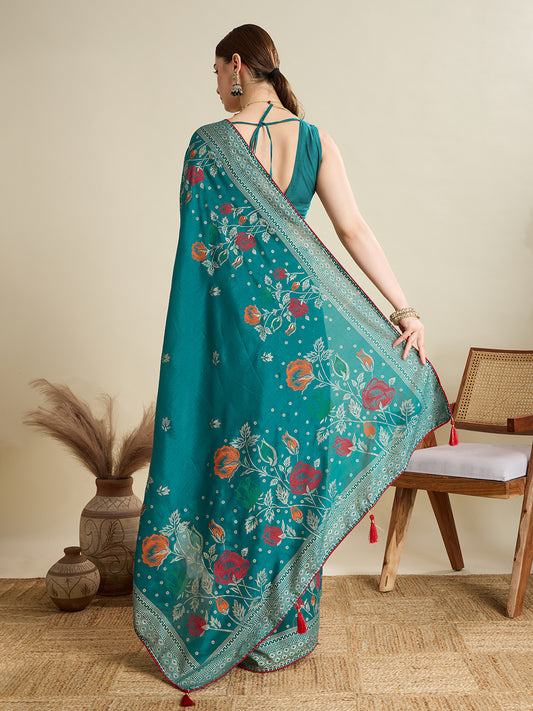 Rama Green Cotton Saree With Table Printed And Foil Work With Pipeing Border