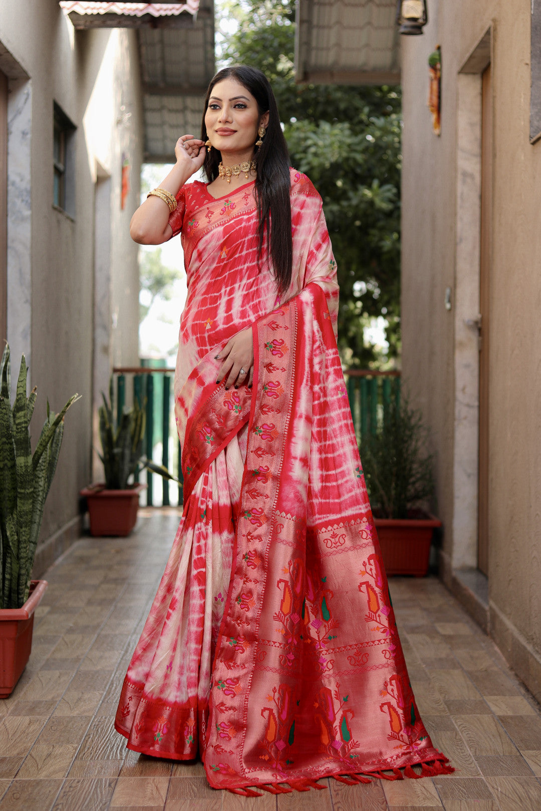 Red Color Dola Silk Saree With Shibori Print & Zari Weaving Work