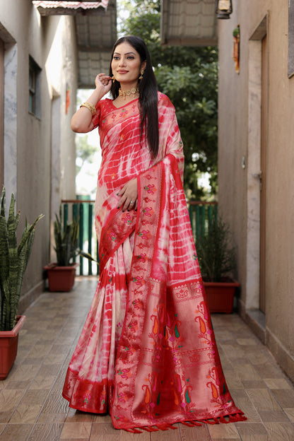 Red Color Dola Silk Saree With Shibori Print & Zari Weaving Work