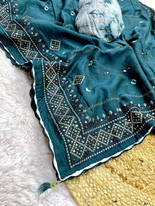 Firoji Soft Cotton Saree With Mirron & Thread Work