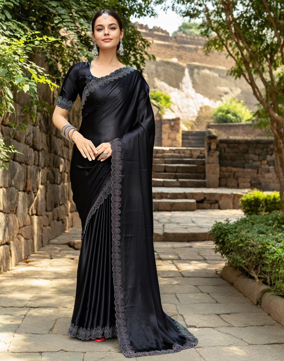 Party Wear Black Satin Silk Fancy Saree With Siroski Work
