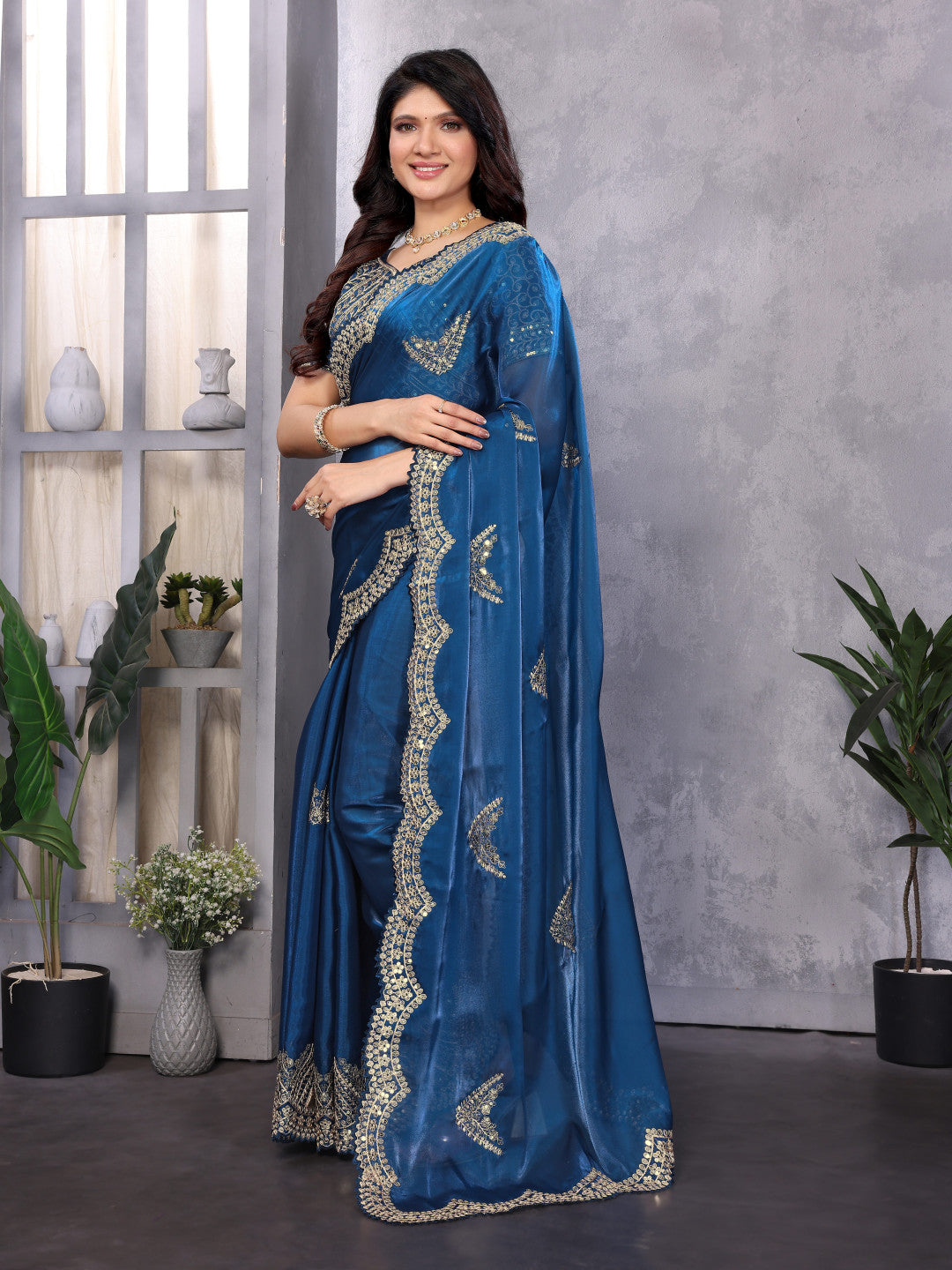 Blue Fancy Shimmer Chiffon Saree With Embroidery Work