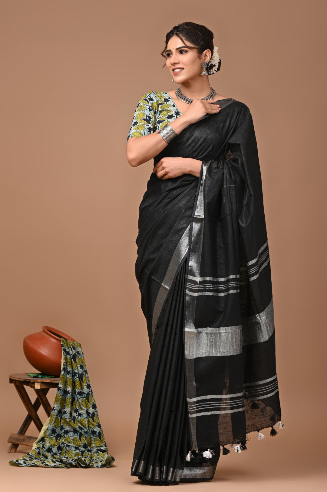 Black Colour Pure Plain Linen Cotton Saree With Ajrakh Blockprinted Cotton Blouse