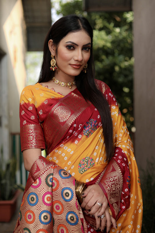 Multi Color Soft Bandhej Silk Saree With Zari Weaving Work