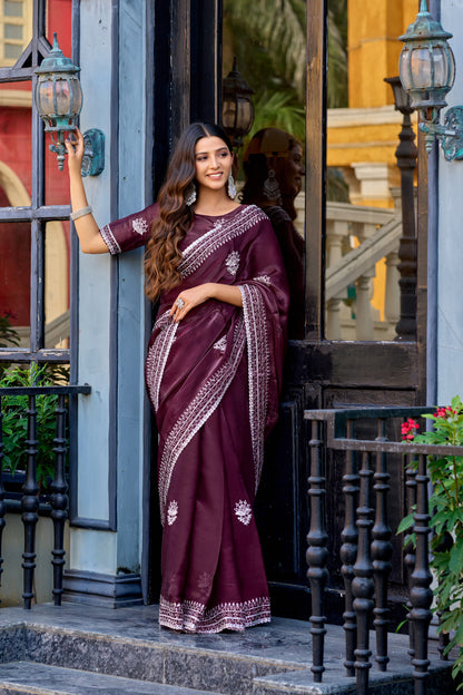Wine Fancy Shimmer Chiffon Saree With Embroidery Work