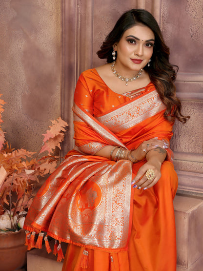 Premium Summer Special Orange Banarasi Silk Saree With Gala Weaving Exclusive Work