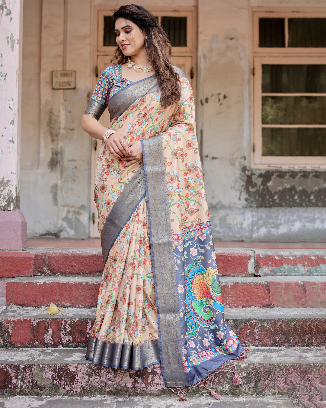 Multi Kalamkari Digital Printed Dola Silk Saree With Gold Zari Border