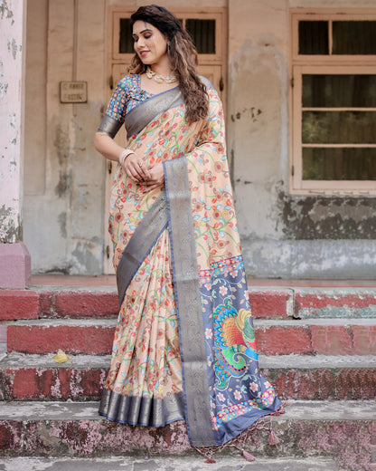 Multi Kalamkari Digital Printed Dola Silk Saree With Gold Zari Border