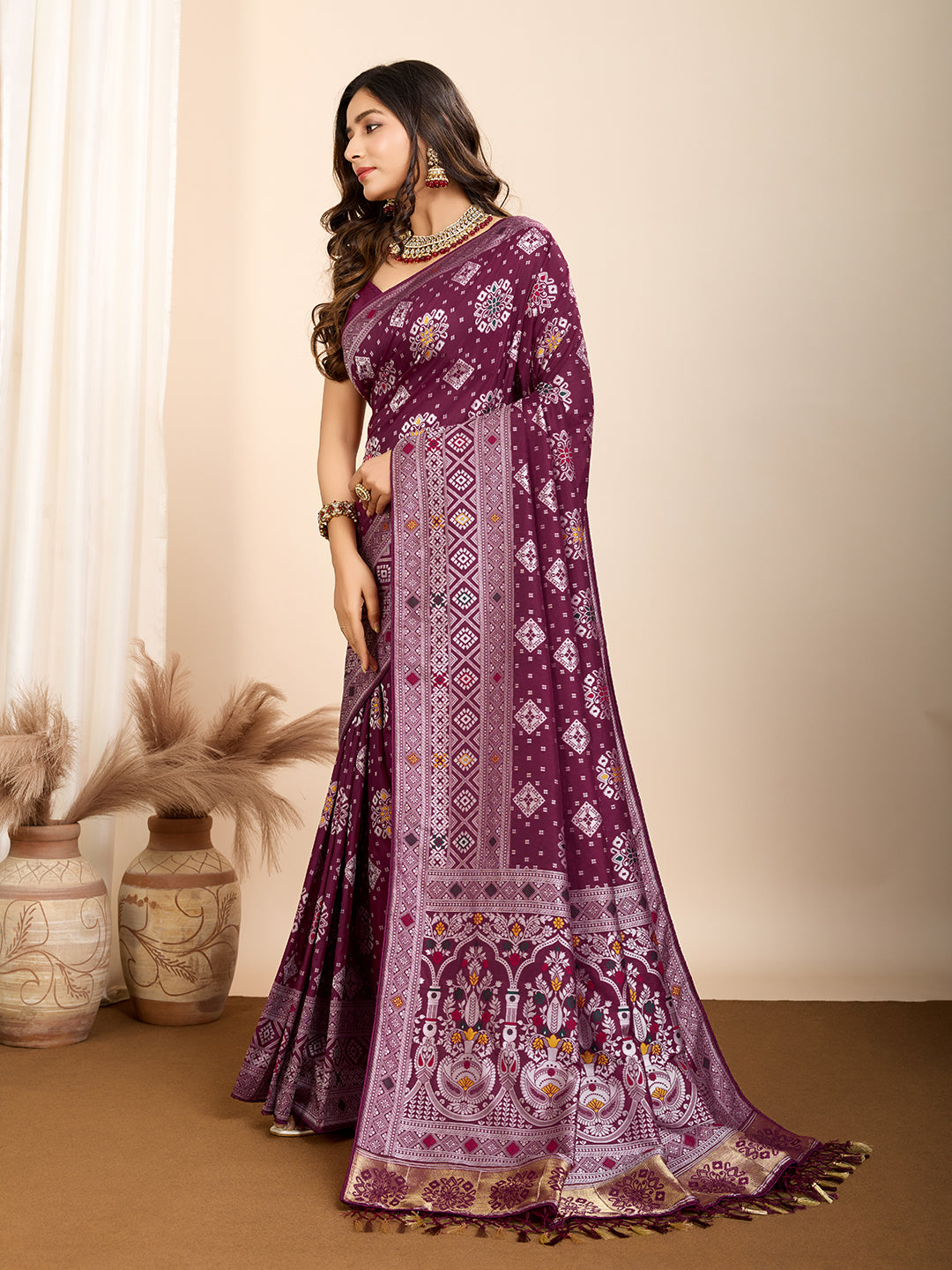 Wine Traditional Muslin Dola Silk Saree With Meenakari Zari Weaving Work