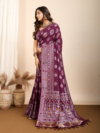 Wine Traditional Muslin Dola Silk Saree With Meenakari Zari Weaving Work