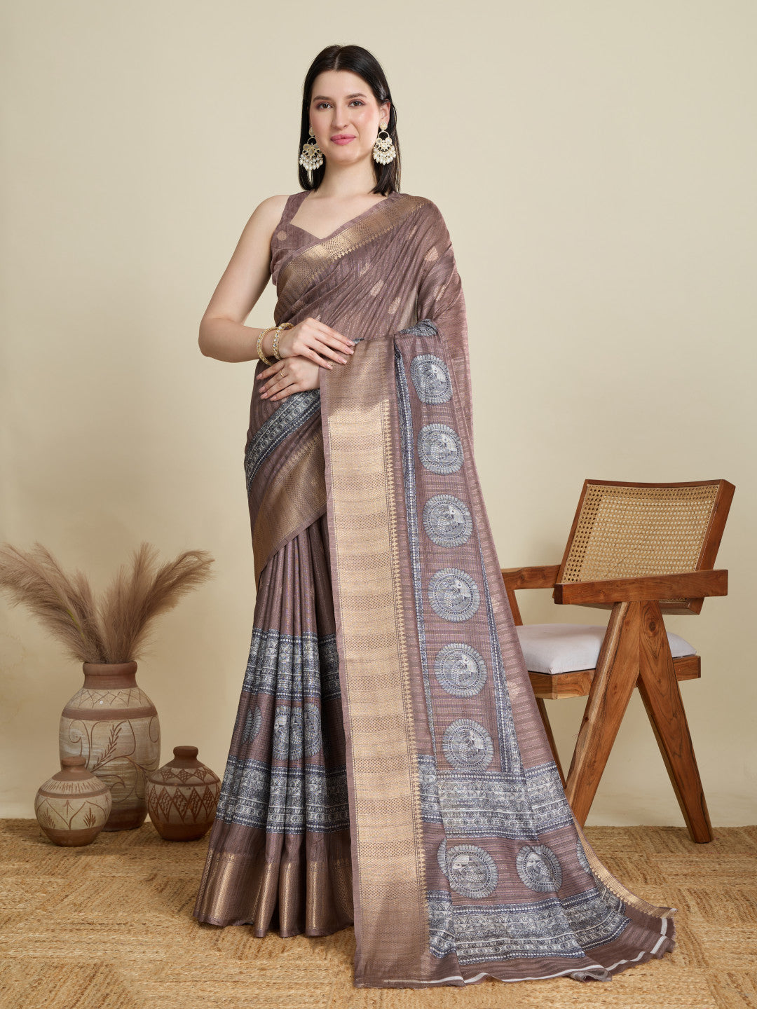 Coffee Soft Cotton Saree With Kalamkari Digital Printed Pallu & Zari Border