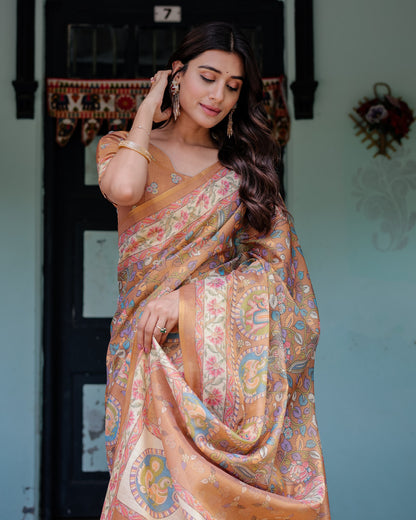 Kalamkari Digital Printed Linen Cotton Saree