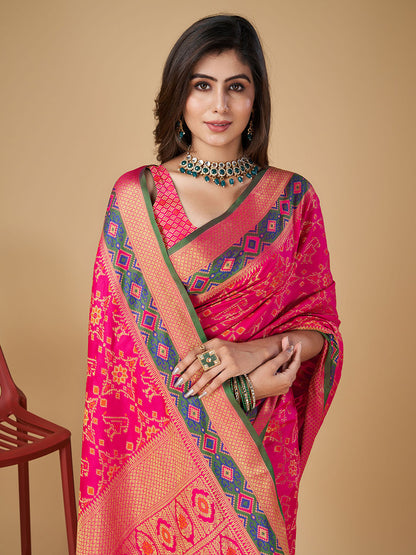 Pink Color Patola Silk Saree With Zari Weaving Work