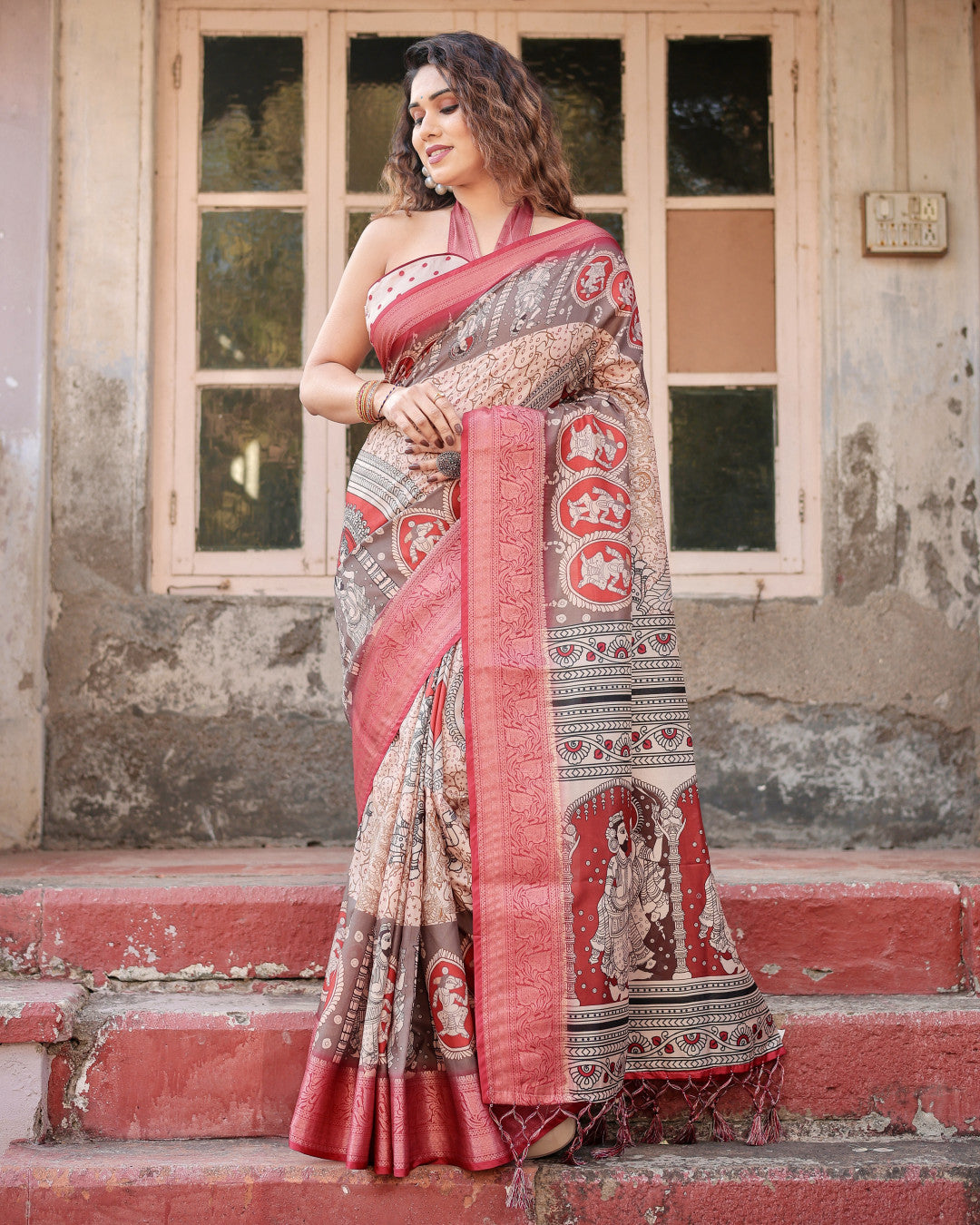 Multi Kalamkari Digital Printed Tussar Silk Saree With Zari Motif Border