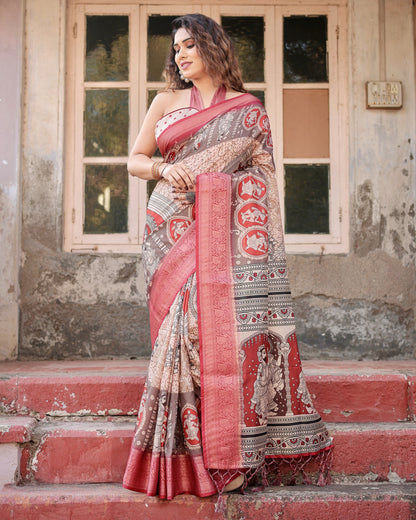 Multi Kalamkari Digital Printed Tussar Silk Saree With Zari Motif Border