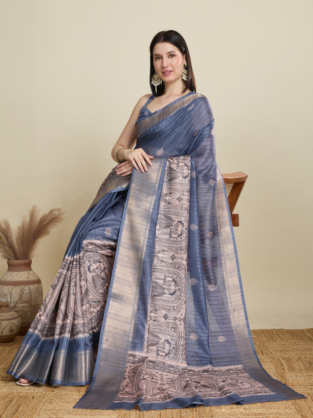 Gray Soft Cotton Saree With Kalamkari Digital Printed Pallu & Zari Border
