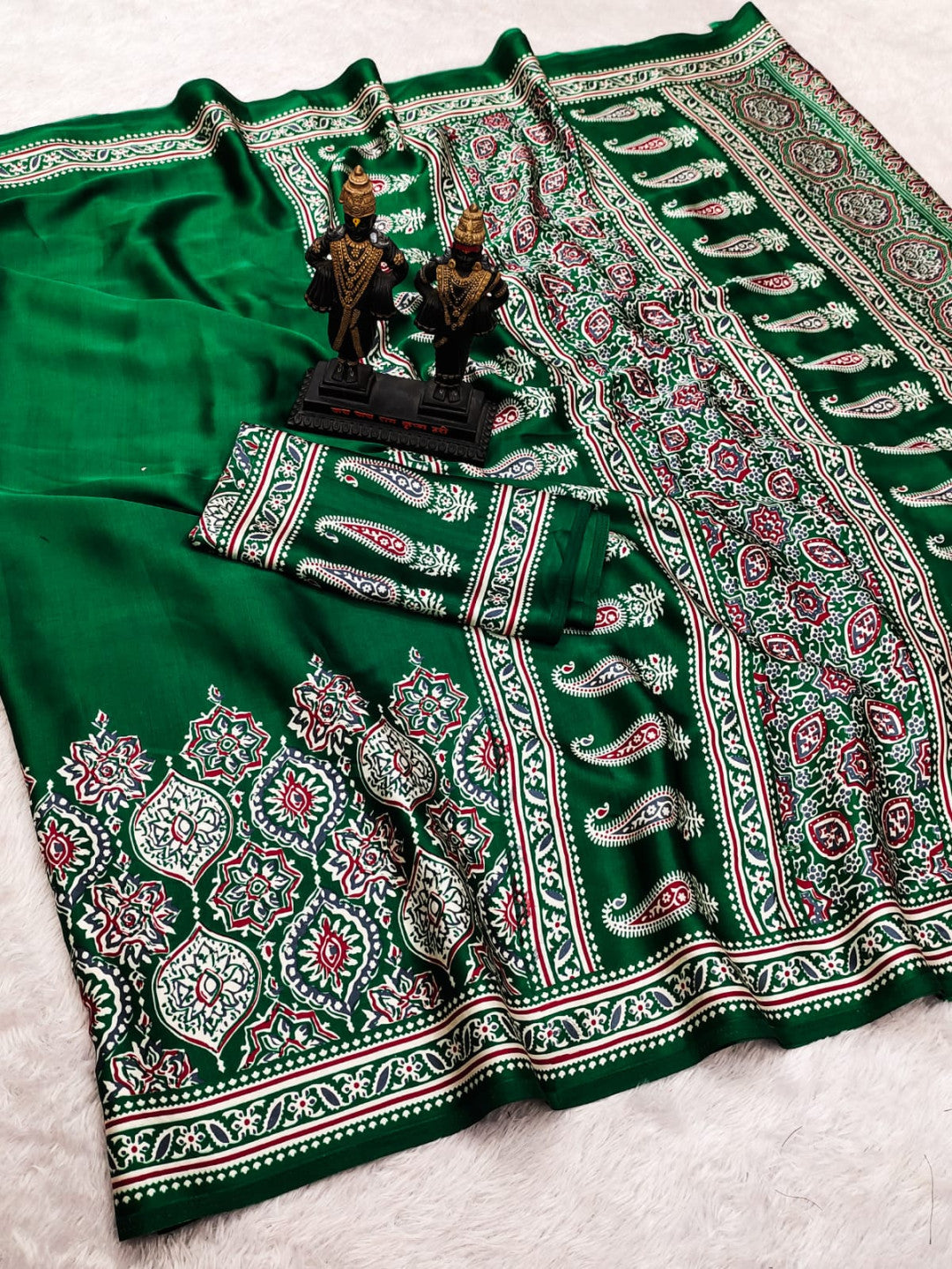 Green Fancy Ajrakh Printed Crepe Silk Saree