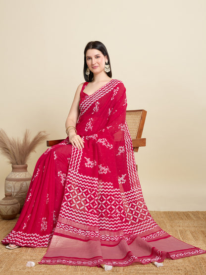 Rani Pink Batik Printed Soft Cotton Saree With Sequence Work