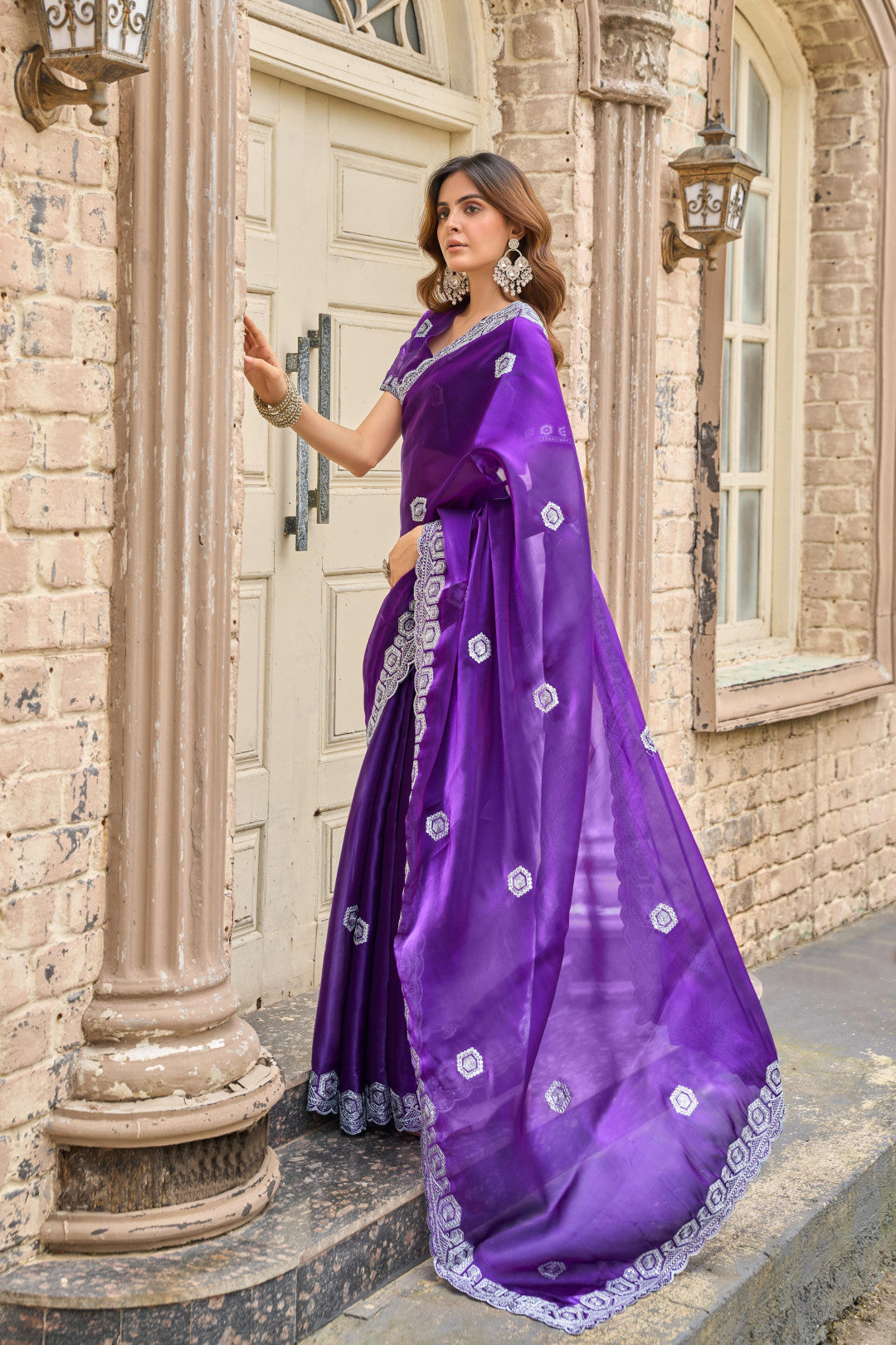 Purple Fancy Shimmer Chiffon Saree With Embroidery Work