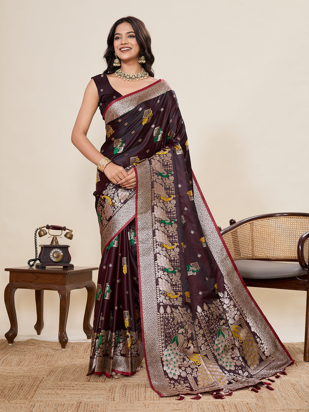 Maroon Soft Satin Silk Saree With Zari Weaving Work And Paithani Pallu