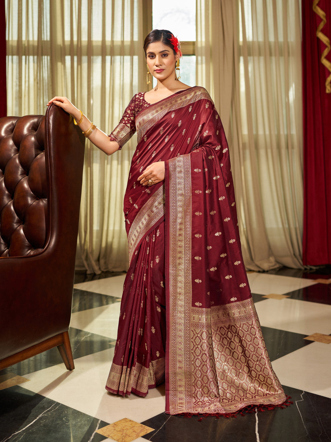 Maroon Banarasi Silk Blend Zari Woven Work