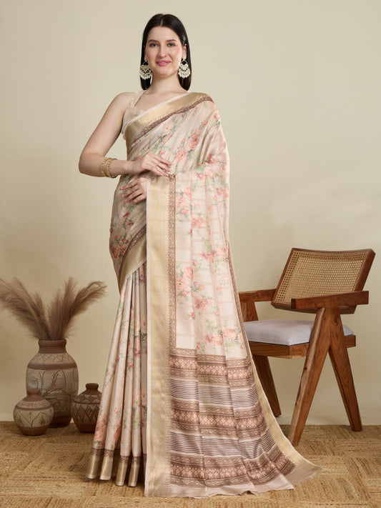 Cream Soft Cotton Saree With Digital Printed Pallu & Zari Border