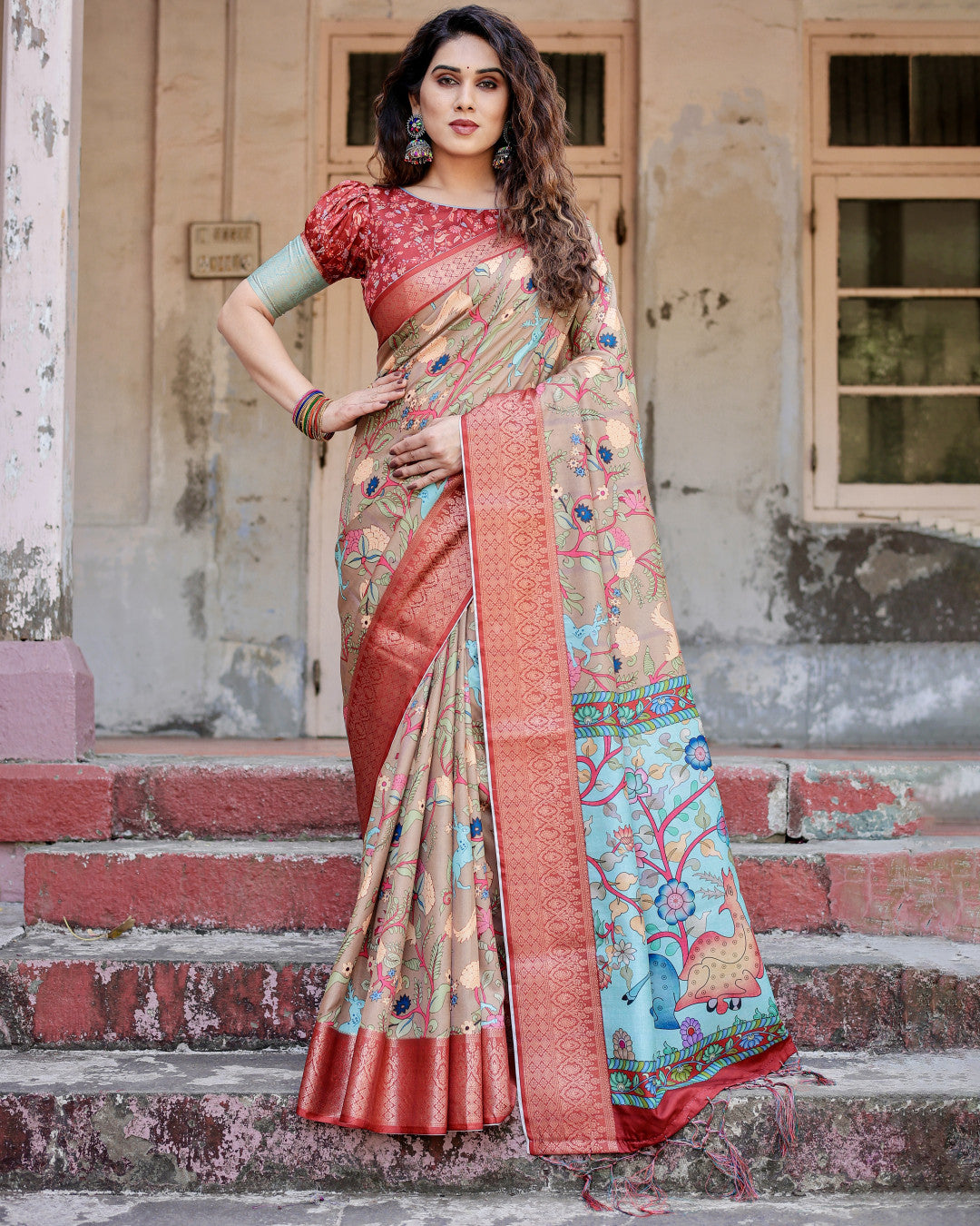 Beige Kalamkari Digital Printed Dola Silk Saree With Gold Zari Border