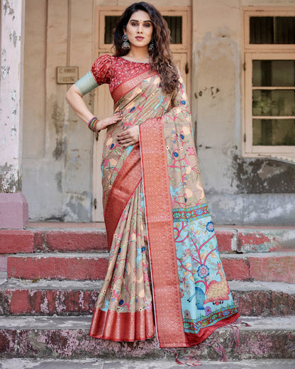 Beige Kalamkari Digital Printed Dola Silk Saree With Gold Zari Border