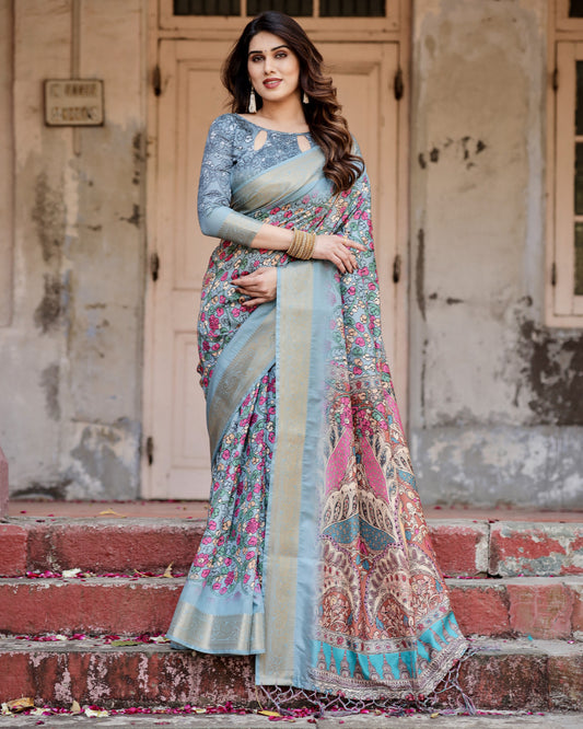 Multi Kalamkari Digital Printed Dola Silk Saree With Gold Zari Border