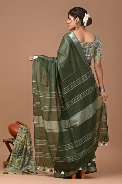 Mahendi Green Colour Pure Plain Linen Cotton Saree With Ajrakh Blockprinted Cotton Blouse