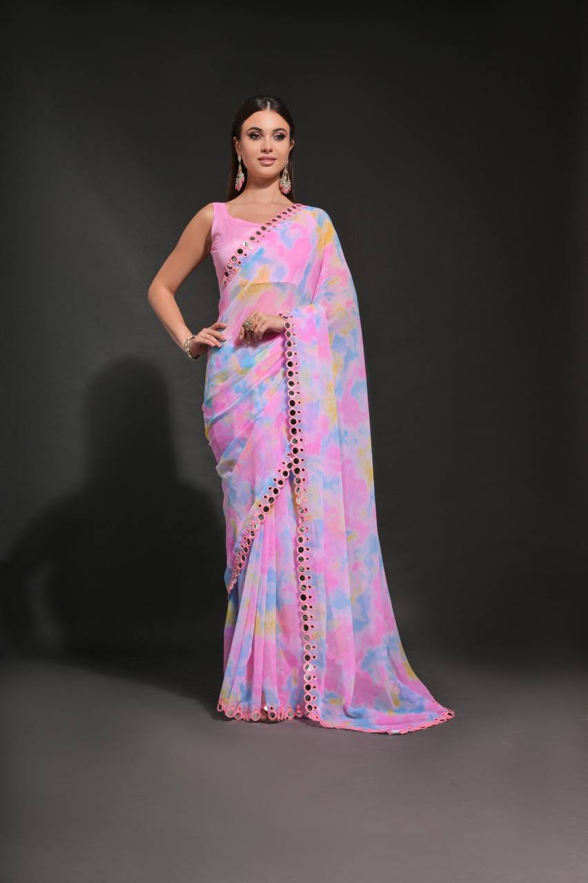 Baby Pink Fancy Chiffon Silk Saree With Prizam Printed Work And Foil Mirror Work Border
