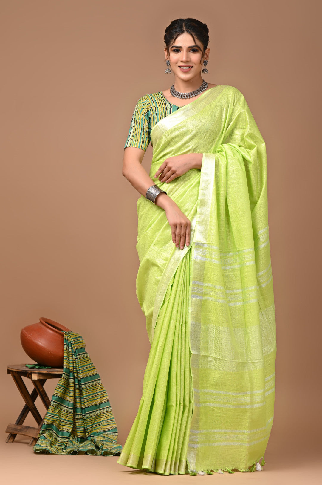 Parrot Green Colour Pure Plain Linen Cotton Saree With Ajrakh Blockprinted Cotton Blouse