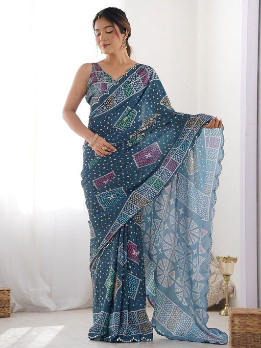 Blue Color Georgette Saree With Printed And Mirror Work With Arco Border