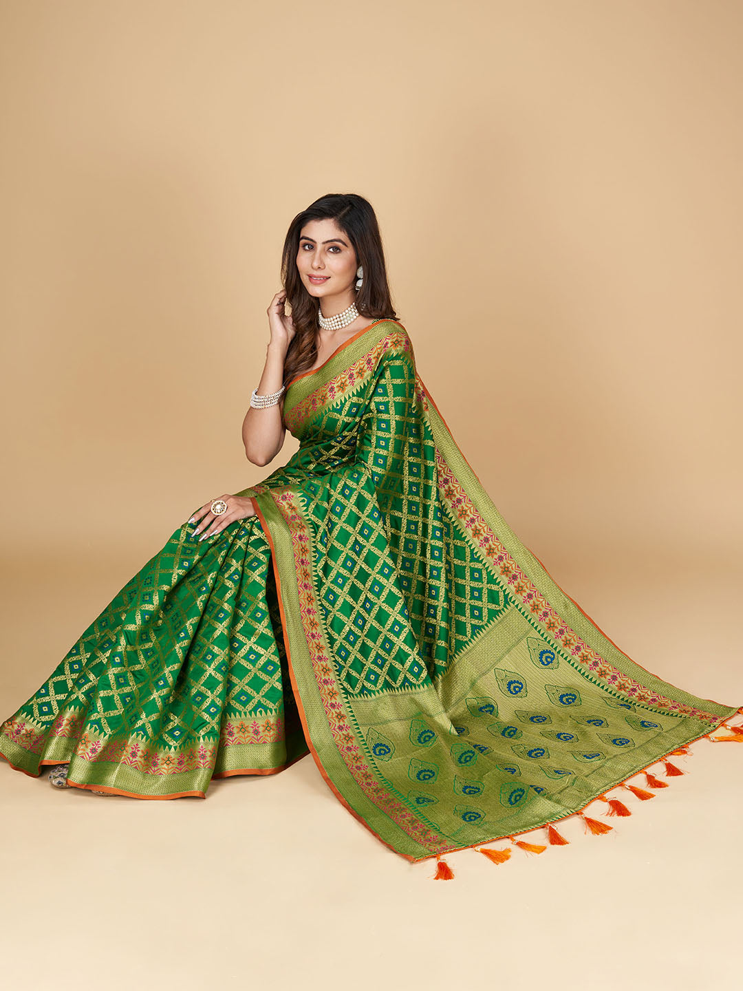Green Color Patola Silk Saree With Zari Weaving Work