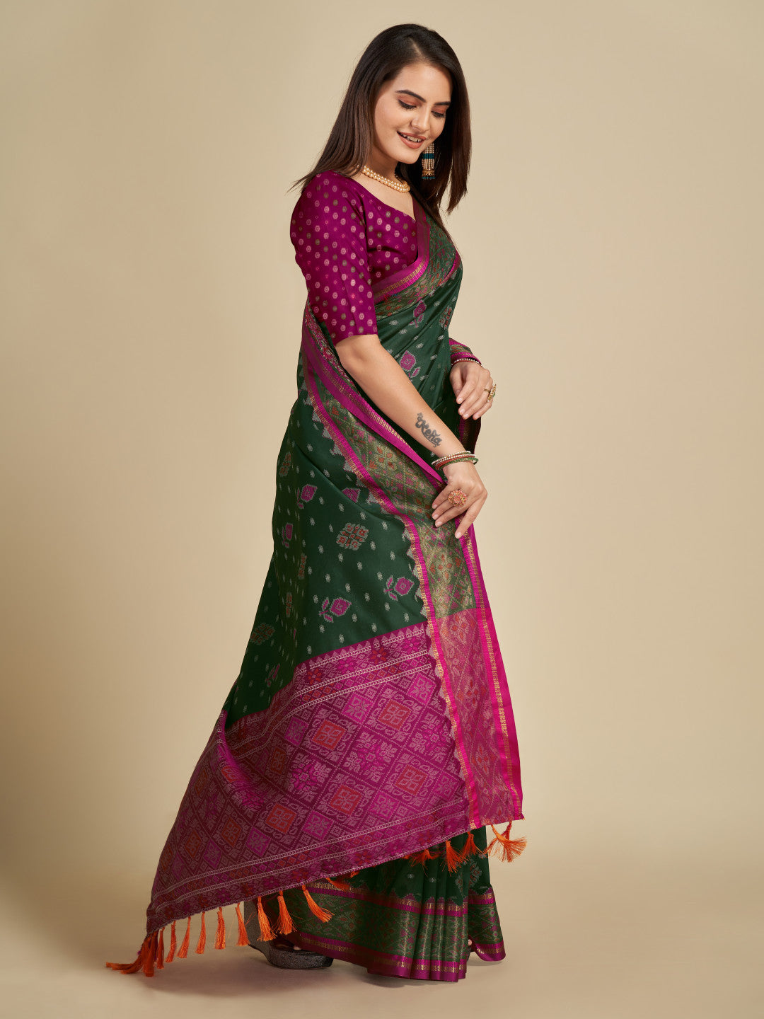 Dark Green Color Patola Silk Saree With Weaving Work