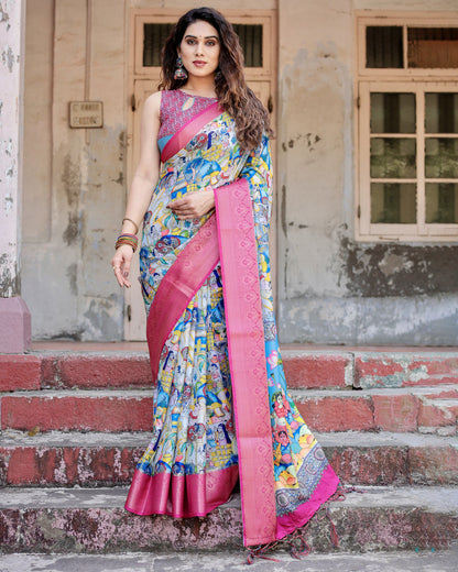 Multi Fancy Kalamkari Digital Printed Tussar Silk Saree