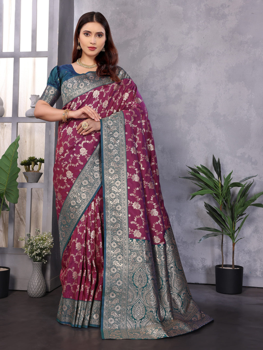 Wine Premium Banarasi Silk Saree With Zari Weaving Work