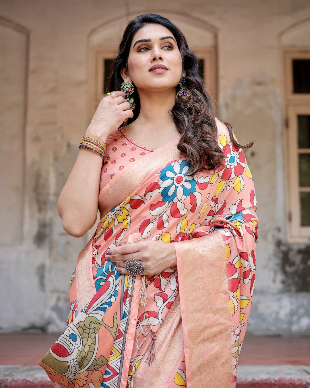 Peach Kalamakari Digital Printed Tussar Silk Saree With Zari Motif Border