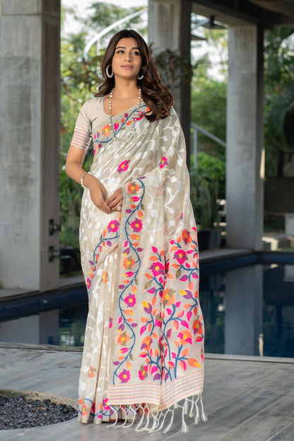 Off White Color Soft Jamdani Cotton Saree With Woven Design