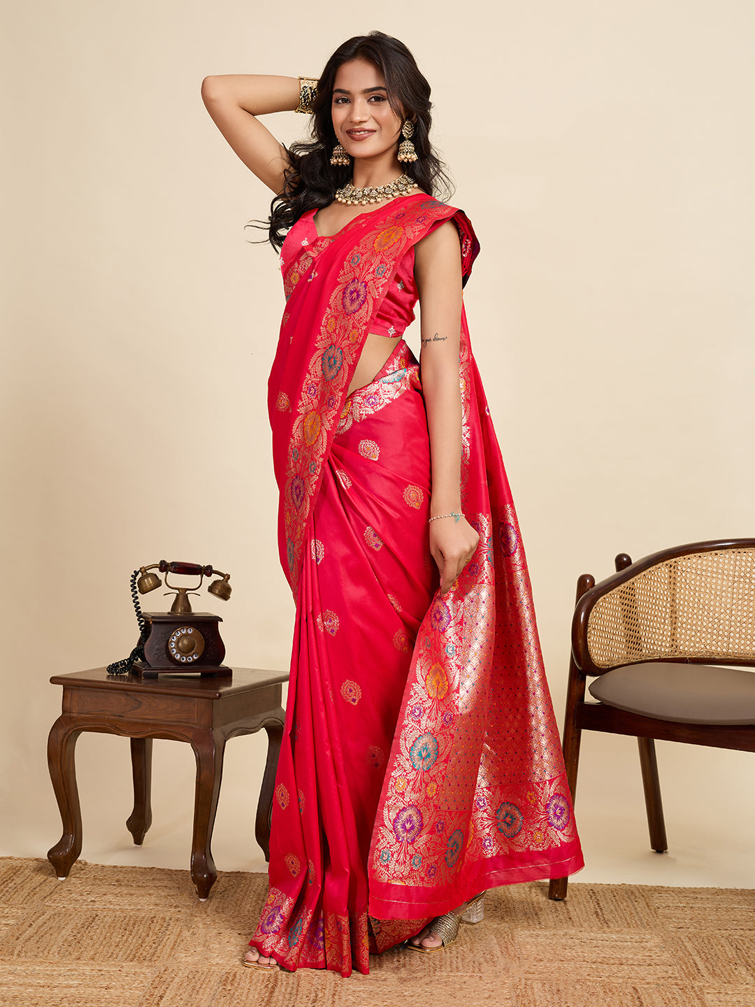 Traditional Red Color Jacquard Silk Saree With Zari Work