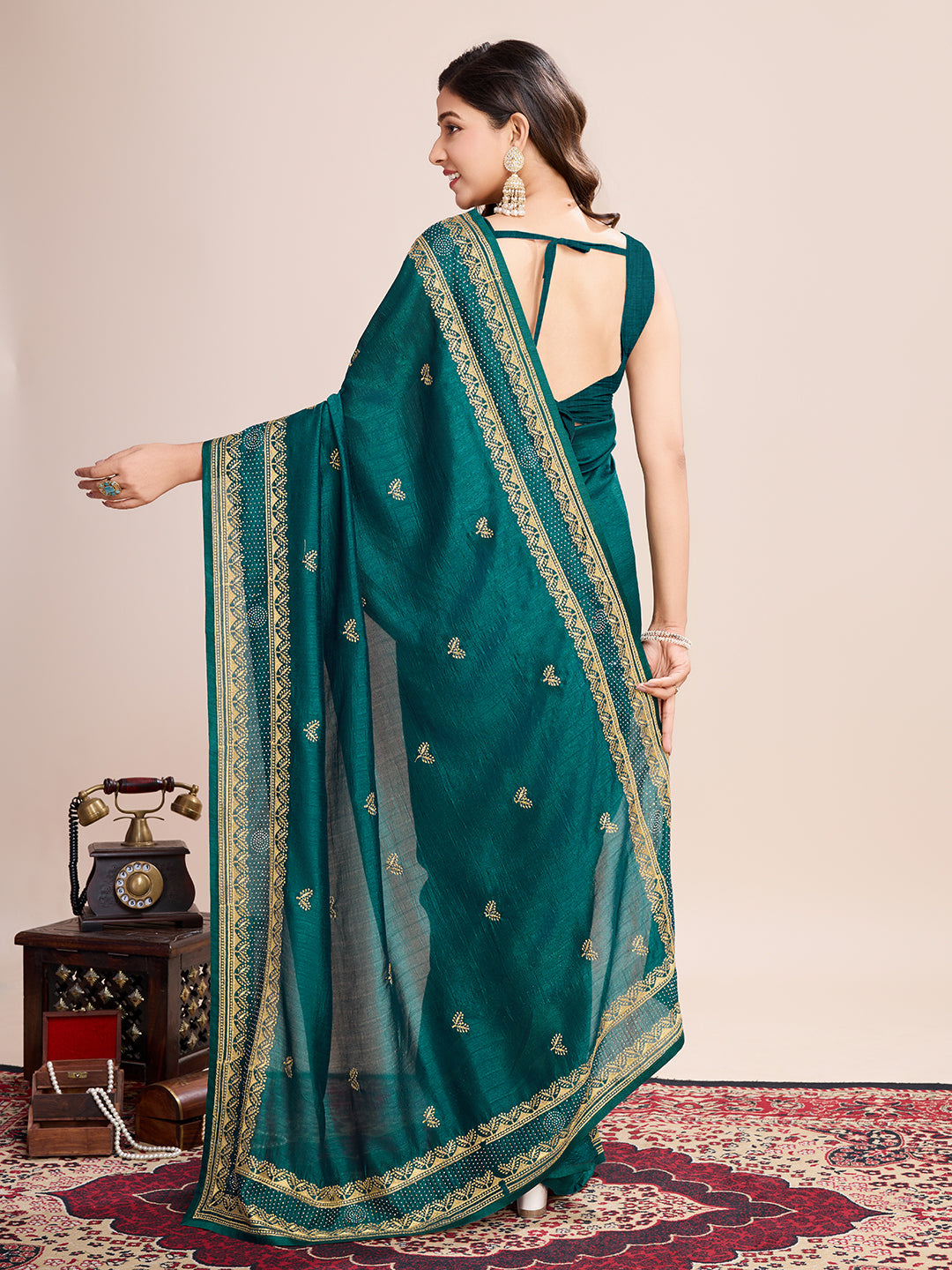 Fancy Rama Green Soft Vichitra Silk Saree With Embroidery Work
