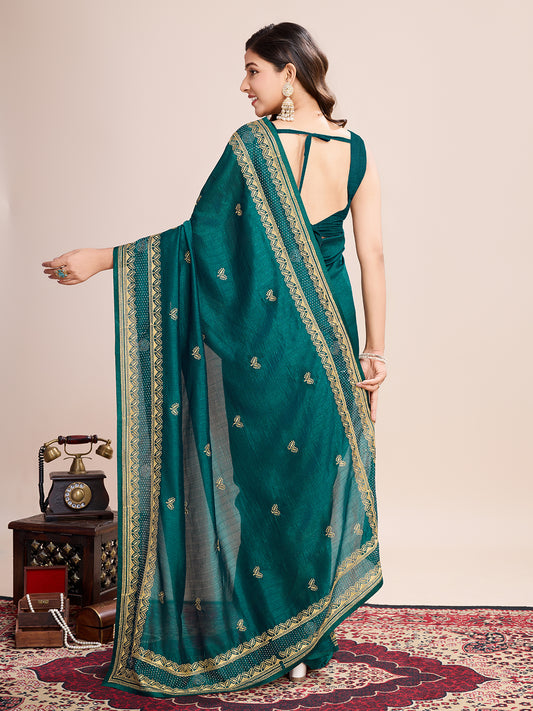 Fancy Rama Green Soft Vichitra Silk Saree With Embroidery Work