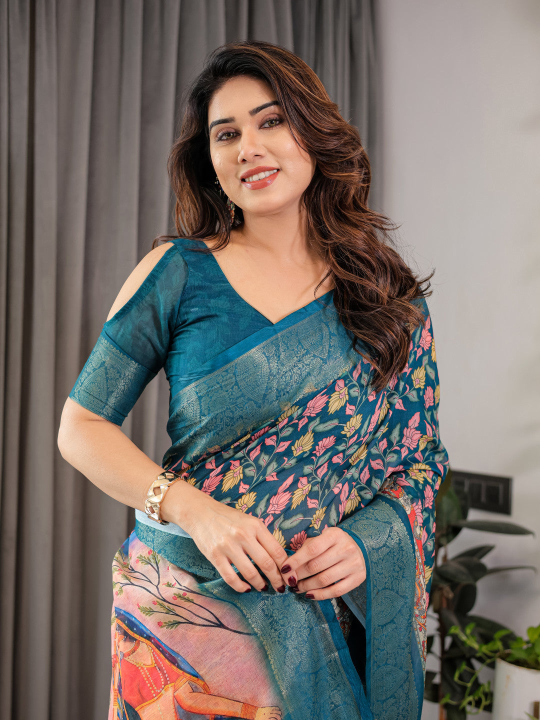 Multi Kalamkari Digital Printed Linen Cotton Saree