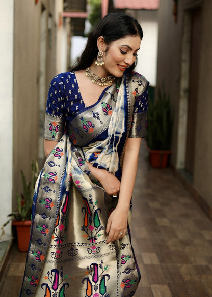 Navy Blue Color Dola Silk Saree With Shibori Print & Zari Weaving Work